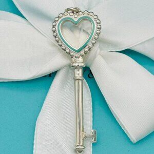 Tiffany & Co.  SS Retired Blue Enamel Beaded Edge Heart Key VGUC